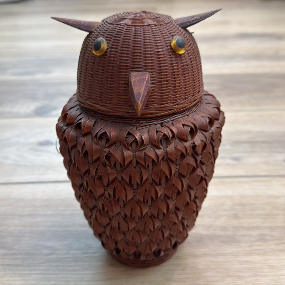 Vintage Owl Basket Jar‎ Figural Wicker Owl Boho Woodland Cottagecore Cabin